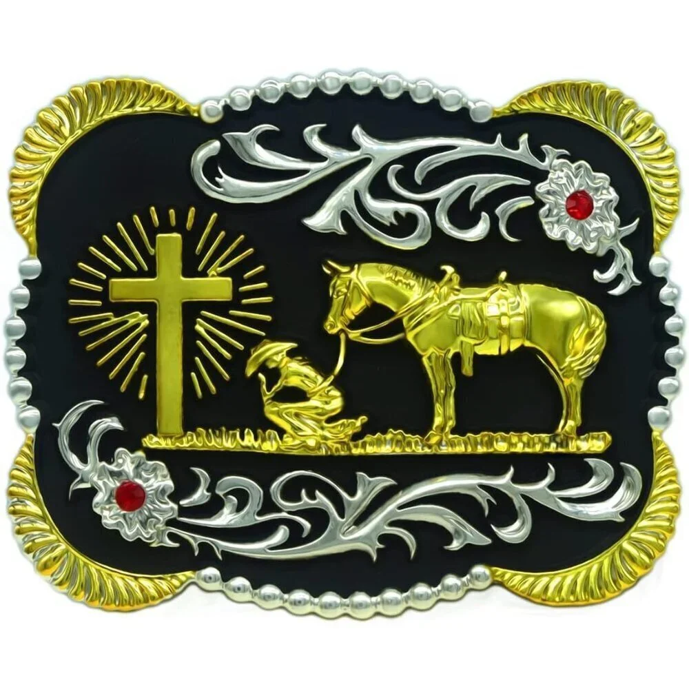 Women Flower Golden Religion Cross Kneeling Prayer And Horse Design Belt Buckles